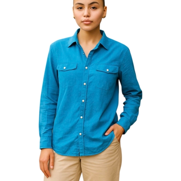 J. Jill 100% Linen Turquoise Blue Classic Old Money Button Up Top Sz XS - Picture 11 of 11